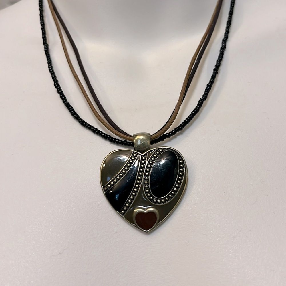 Heart Enamel Necklace Seed Beads 16” 3.5” Extender Retro Neutral Black Brown